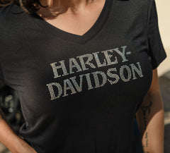 Harley-Davidson Camiseta Cuello Pico Willie G Skull Bling Mujer Negra