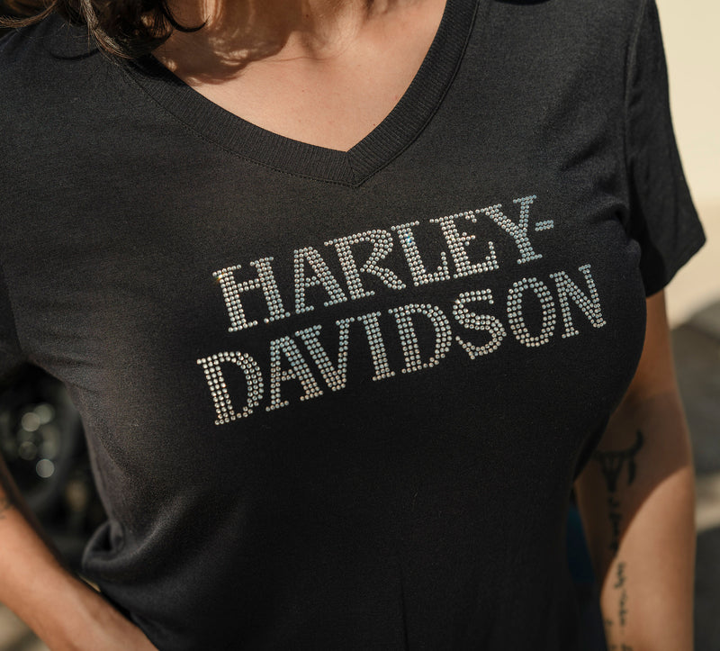 Harley-Davidson Camiseta Cuello Pico Willie G Skull Bling Mujer Negra
