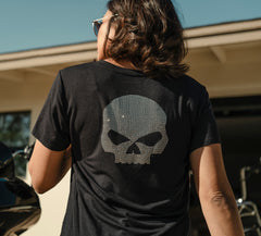 Harley-Davidson Camiseta Cuello Pico Willie G Skull Bling Mujer Negra