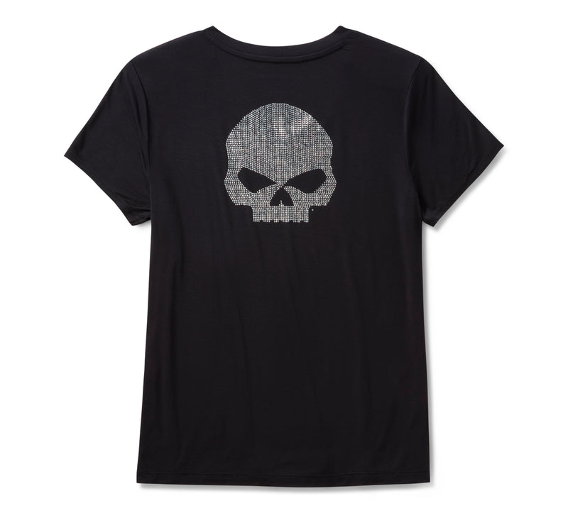 Harley-Davidson Camiseta Cuello Pico Willie G Skull Bling Mujer Negra