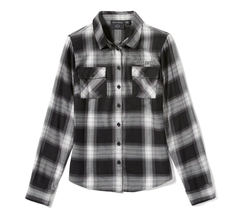 Harley-Davidson Camisa de Cuadros Essential Bar & Shield Mujer Negra y Blanco Roto