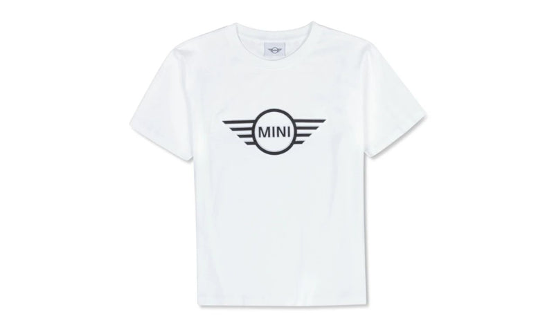 MINI Damen-T-Shirt mit geprägtem Logo, Flügel, Weiß/Schwarz